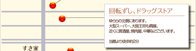 回転ずし、ドラッグストア ゆららの北側にあります。大型スーパー、レンタルビデオも隣接。近くに居酒屋、焼肉屋、中華などございます。当館より徒歩約２分